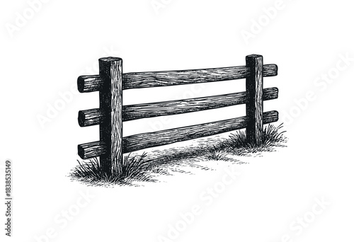 A hand-drawn style illustration depicts a rustic wooden fence with grass at its base, rendered in a monochromatic palette — stock illustration.