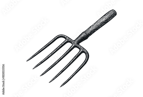 An antique garden fork with a wooden handle is rendered in a detailed engraved style — stock illustration.