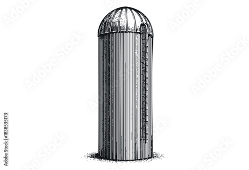 A monochrome vintage-style engraving of a farm silo with a ladder on white — stock illustration.