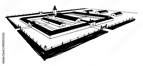 fortified prison complex aerial view sketch vector