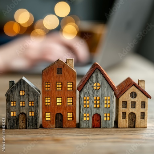 Miniature Wooden Houses with Warm Lights, Against the background of a laptop. The concept of buying real estate online on the Internet.