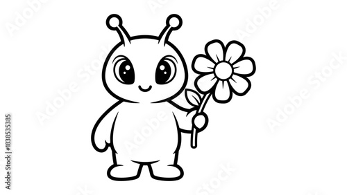 Cute alien holding flower in cartoon style with bold outline