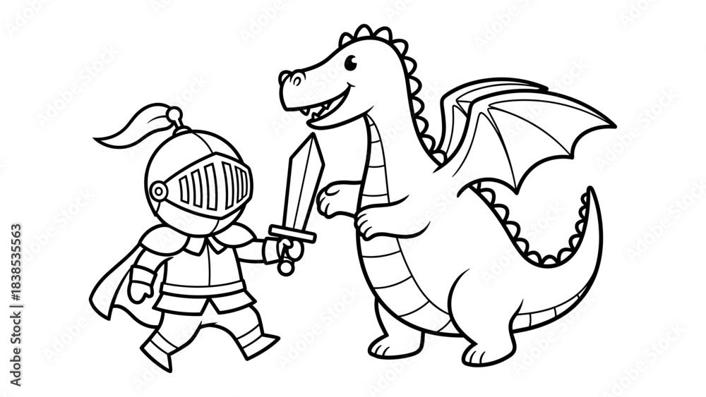 Fototapeta premium Playful medieval adventure with knight and dragon in black and white