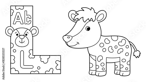 Alphabet l coloring page with cute cartoon animal for kids