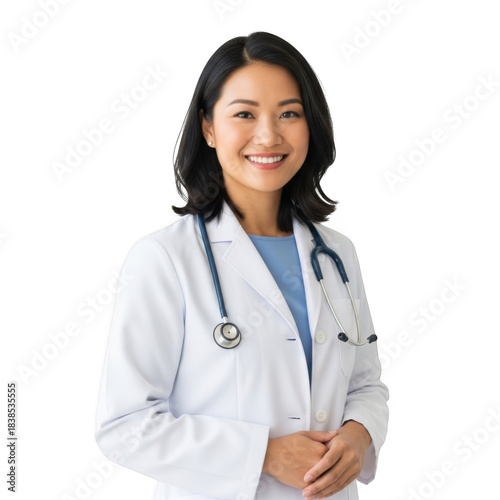 Smiling asian female medical professional wearing a white lab coat and stethoscope isolated on transparent background