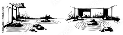 japanese zen garden pond sketch vector
