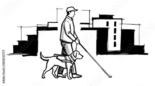 visually impaired man with guide dog walking vector shape silhouette