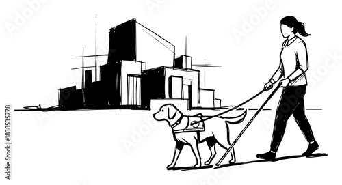 woman walking with guide dog vector shape silhouette