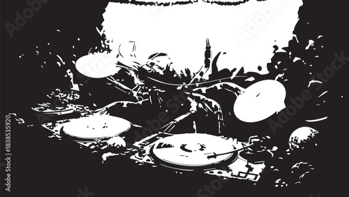 High contrast black and white close-up of mushrooms sprouting from soil among leaves.