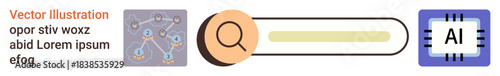 Artificial intelligence, machine learning, data analysis, digital research, technology processes, innovation. Neural network diagram, magnifying glass search bar AI processor icon. Artificial