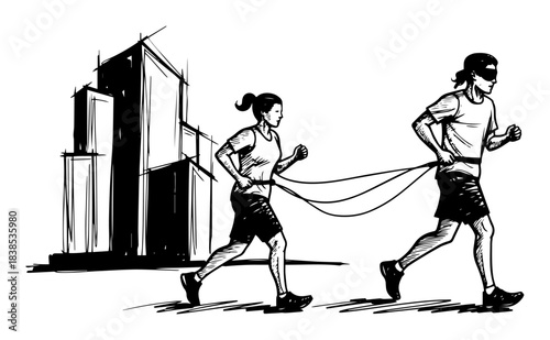 blind runner with guide paralympic sport vector silhouette