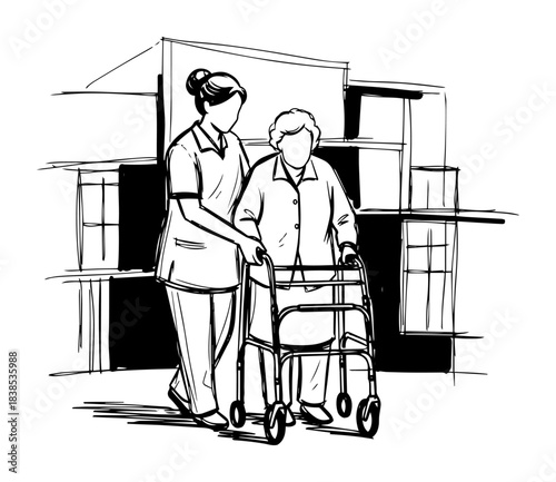 caregiver helping elderly with walker sketch vector