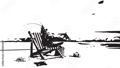 Sunlit beach scene with a person relaxing on a striped chair by the shoreline.