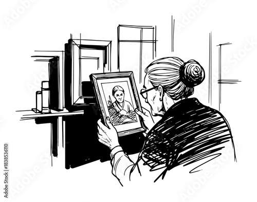 elderly woman holding photo memory sketch vector