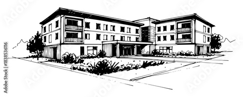 modern senior living facility building sketch vector