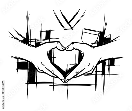 hands forming heart shape love sketch vector