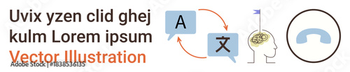 Language translation, communication, brain cognition, neural processing, multilingual tools, and telecommunication. Speech bubbles translation flow with brain and call icon. Language translation