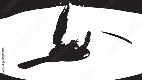 Minimalist silhouette of a person mid jump over a curved surface in stark black and white, abstract athletic motion.