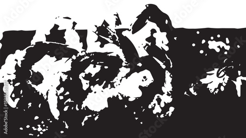 High-contrast silhouette of a snarling dog amid shadows and rough textures.