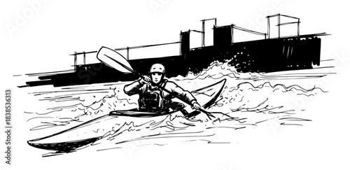 whitewater kayaking on river extreme sport monochrome vector