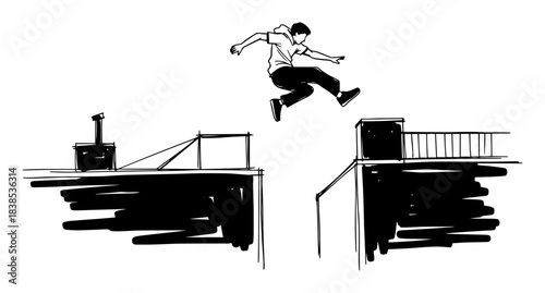 parkour jump between buildings extreme urban sport vector silhouette