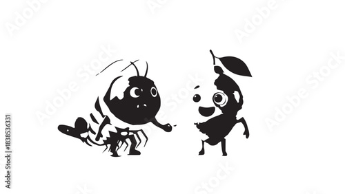 Playful cartoon ants chatting face to face in black silhouettes.