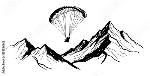 paraglider flying over mountain sketch vector