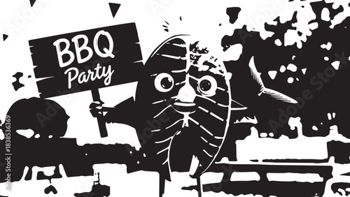 Whimsical black and white cartoon cat hosting a barbecue party with a crowd.