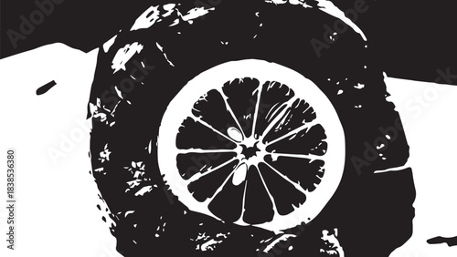 Abstract black and white circular design featuring a sliced citrus motif inside a bold ring for modern graphic appeal.