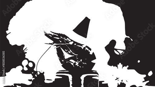 Silhouette of a musician on stage with guitar in monochrome.