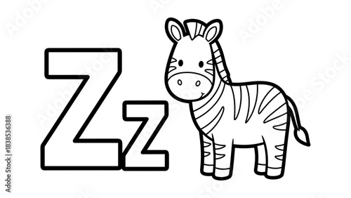 Cute zebra and letter z cartoon for kids - monochrome animal alphabet design
