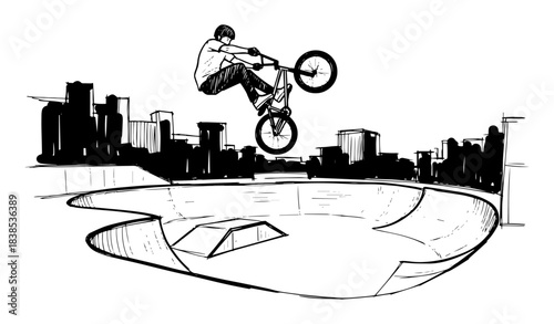 bmx rider performing trick in skatepark sketch vector