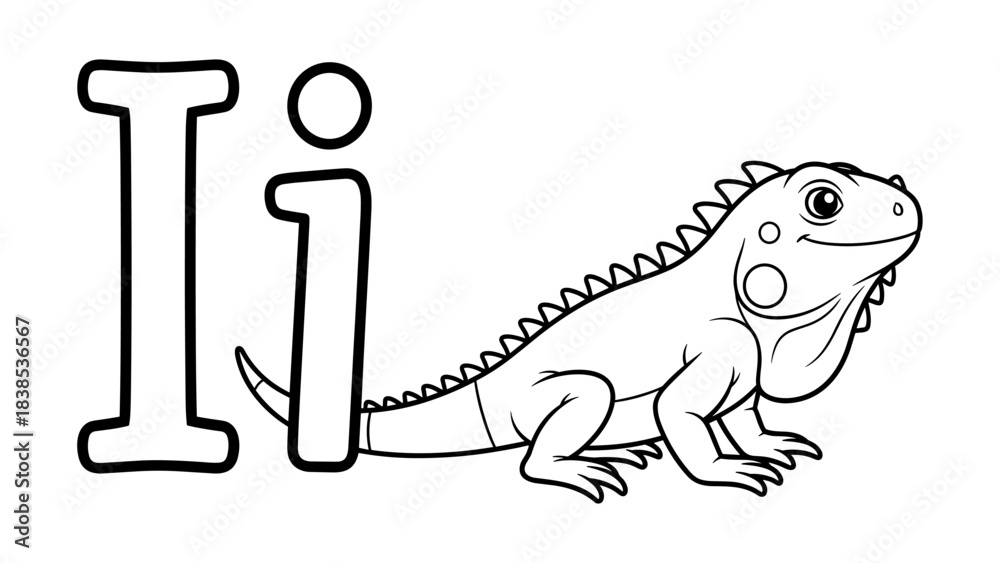 Naklejka premium Alphabet letter i with iguana outline for kids' learning and coloring activities