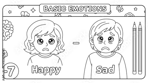 Basic emotions: happy and sad expression coloring page for kids