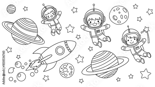 Cute astronauts and space adventure coloring page with planets and rockets
