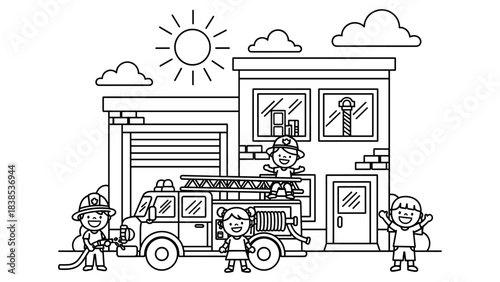 Fire station fun: kids engaging with fire truck and firefighters in playful scene
