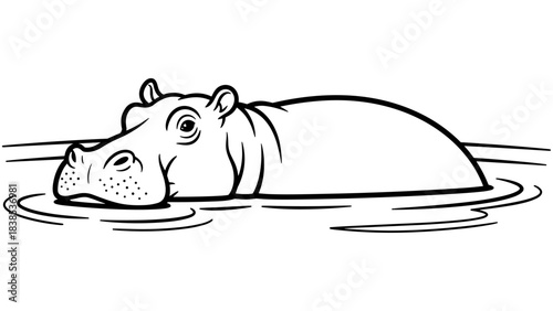 Hippo in water: black and white line art depiction of a calm hippopotamus in natural habitat