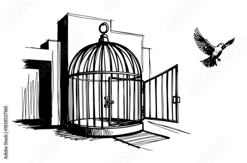 open bird cage freedom escape sketch vector