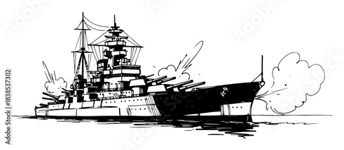 ww2 battleship firing guns at sea monochrome vector silhouette
