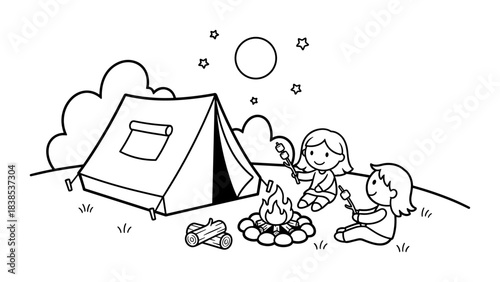 Kids camping adventure: cute cartoon of children by campfire under starry sky