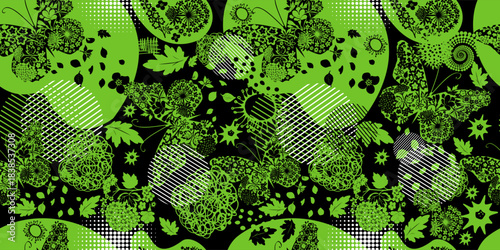 black and green floral pattern with butterflies and flowers . Hand drawn. Not AI, vector illustration.
