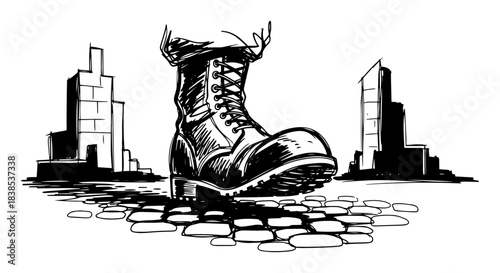 giant military boot crushing city street oppression concept vector