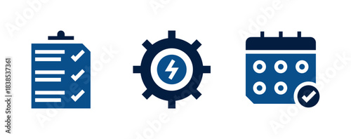 Pack de iconos de productividad diaria. Lista de tareas aprobada, engranaje con rayo, calendario con vistos de aprobación. Diseño vectorial