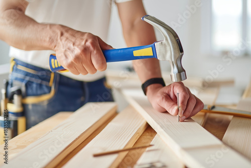 Man is hammering a nail into a piece of wood. Concept of hard work and determination, as the man is focused on completing the task at hand