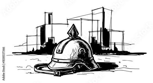 firefighter helmet on the ground with city skyline vector silhouette