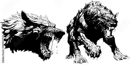 Angry Wolf Heads and Beast Figure, High-Contrast Engraving Tattoo Style Illustration Set on Transparent Background