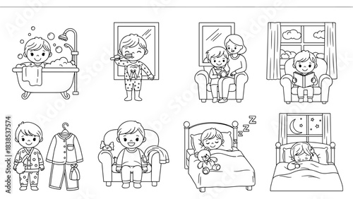 Charming outline bedtime routine with adorable characters for kids