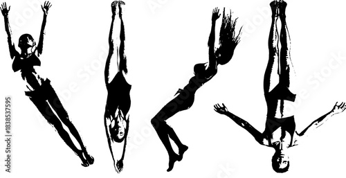 Falling Women Silhouette Set, High-Contrast Retro Xerography Dramatic Motion Figures on Transparent Background