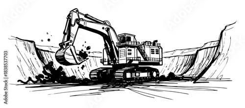 hydraulic excavator digging open pit earth vector shape silhouette