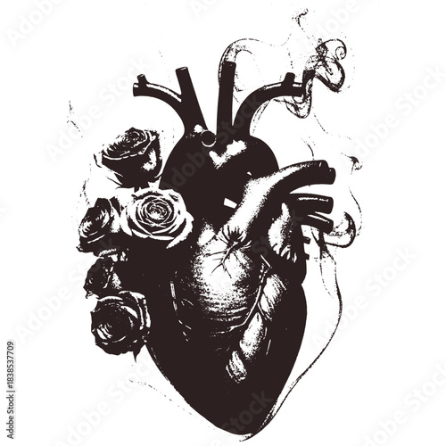 Anatomical Heart with Roses and Smoke, Retro Xerography Dark Engraving Illustration on Transparent Background
